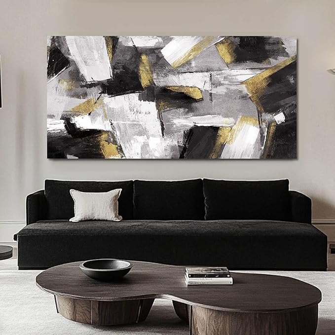 SOUGUAN Black and Gold Block Canvas Art Modern Wall Decor for Living Room Abstract Wall Art White Painting 24x48 Inch Office Hanging Artwork