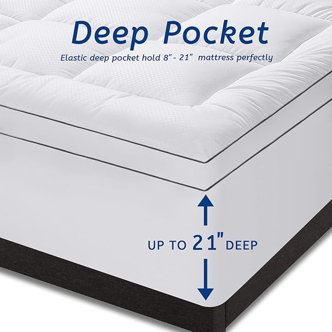 Twin Size Mattress Topper for Back Pain, Cooling Extra Thick Mattress Pad Cover with 8-21 inch Deep Pocket, Plush Pillow Top Mattress Topper Overfilled with Down Alternative, Twin Size, White