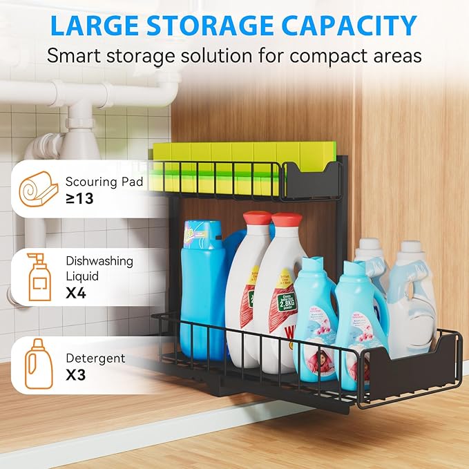 2 Pack Under Sink Organizer, Under Sink Organizers and Storage, Smooth & Silent Sliding Out Metal Drawer for Kitchen Bathroom Pantry Cabinet Closet Black（L-2PC）
