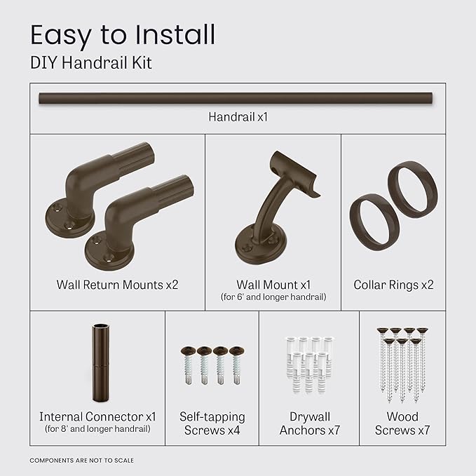 Meranti Aluminum Handrail for Stairs - ADA Compliant Wall Returns - Handrails for Indoor Stairs - Metal Handrail, Powder Coated for Outdoor Environment, DIY Handrail Kit (WHR, Bronze Textured, 8' L)