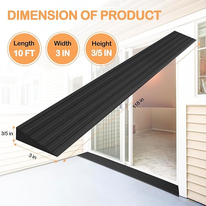 Threshold Ramps for Doorways Self-Adhesive Rubber Ramps for Door Threshold Rubber Door Threshold Ramp for Wheelchair Stroller Scooter Reducer Ramp (Black, 3” Wide x 10' Long)