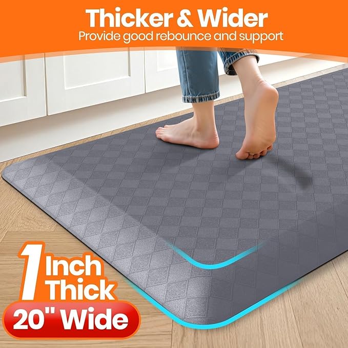 StepRite 1” Thick Kitchen Mats for Floor, Anti Fatigue Kitchen Rugs, Non-Slip,Heavy Duty Waterproof Kitchen Rug, Standing Desk Mat for Home, Kitchen, Office, (Grey)