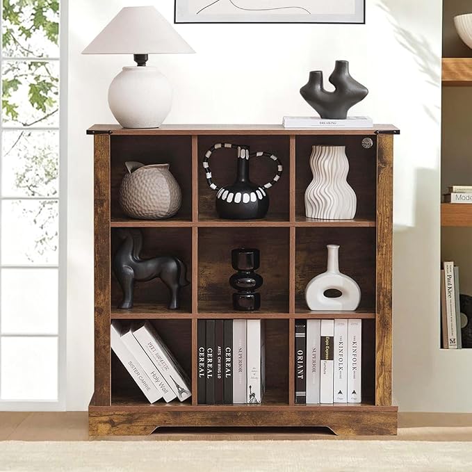 9 Cube Bookcase, Wooden Cube Storage Organizer Shelf, Grey Horizontal Book Shelf with LED Lights, Freestanding Display Cabinet for Living Room, Hallway TV Stand for Entryway