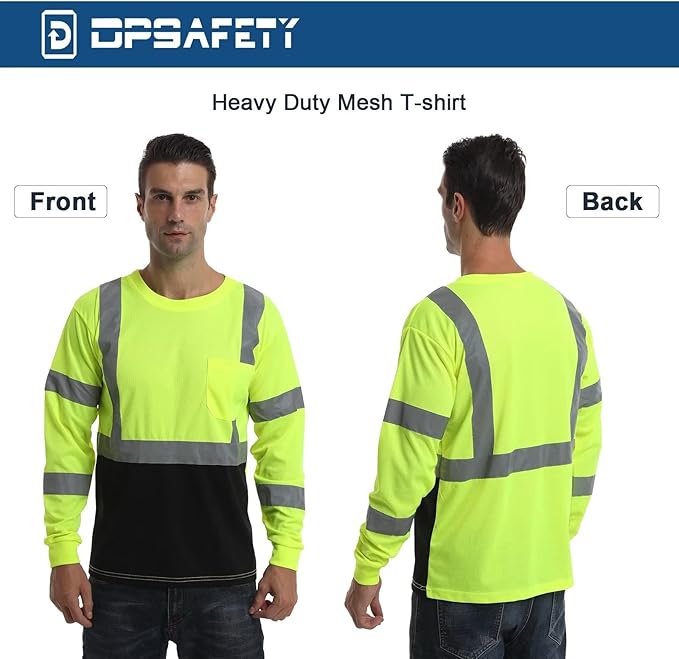 High Visibility Class 3 T Shirts，Hi Vis Safety Shirts with Reflective Strips and Pocket, Long Sleeve Quick Dry Mesh Construction Work Shirt for Men/Women Black Bottom Lime,3XL