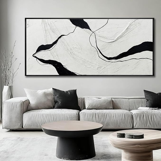 MLART99 Abstract Black and White Textured Canvas Minimalist Wall Art Modern Monochrome Painting - 32x70 Inch Contemporary Decor for Living Room Entryway