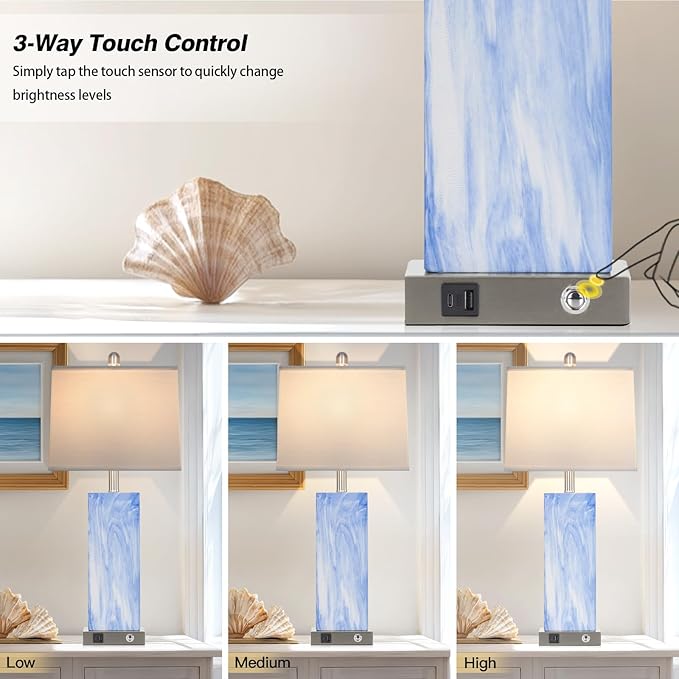 28.5" Coastal Blue Ceramic Table Lamps Set of 2, 3-Way Touch Control Bedroom Lamp with USB C+A Ports, Tall Square Lamps for Living Room, Elegant Bedside Lamps for Nightstand Side End Table