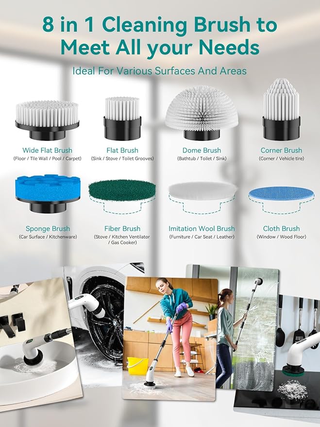 3-Speed Electric Spin Scrubber for Bathroom, 120Mins Runtime, Cordless Power Cleaning Brush with 8 Brush Heads, 3000mAh Shower Scrubber with Long Handle, Floor Scrubber, Grout Brush Bathtub Cleaning