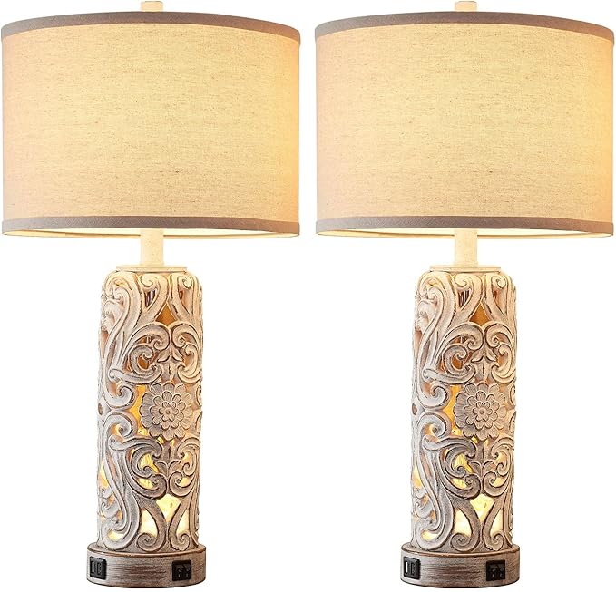 Set of 2 Rustic Farmhouse Table Lamps for Living Room Bedroom, Vintage Bedside Lamp with Dual USB Port, Antique White Resin Retro Nightstand Lamps with Night Light