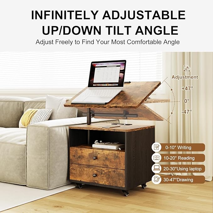 Bedroom Nightstand with Drawers & Charging Station, Adjustable Height Bedside Table with Wheels, Wooden Small Sofa Side Tables with Storage for Living Room, Rustic Brown