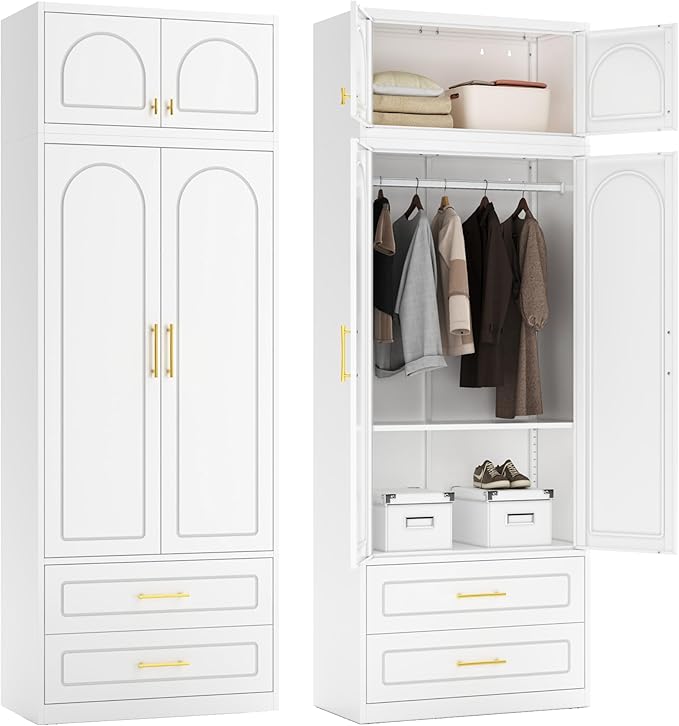 Metal Armoire Wardrobe Cabinet, 86" Tall Wardrobe Closet with Doors, White Clothing Storage Cabinet with Hanging Rod, Large Armoire for Bedroom, Office, School, Gym