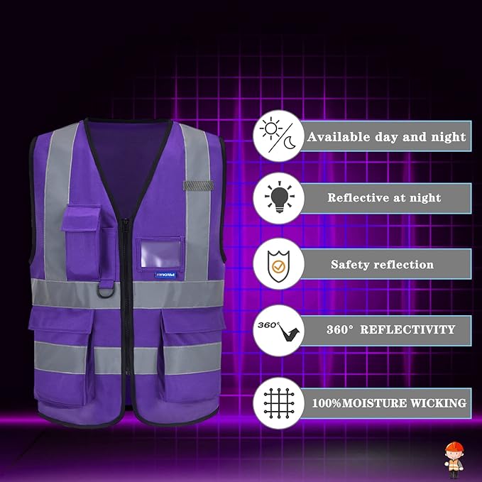 A-SAFETY Hi Reflective Safety Vest, Hi Vis Bright Neon Colors Safety Vest with 4 Reflective Strips 7 Pockets (4-5XL Purple)