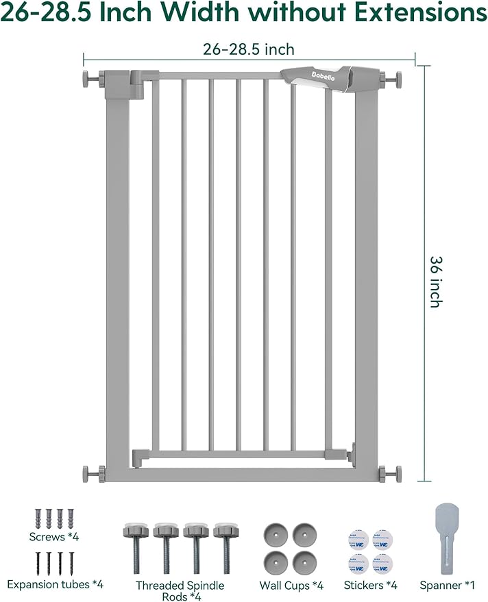BABELIO 36" Tall Narrow Baby Gate, 26-28.5" Auto-Close Metal Dog Gate for Small Stairs/Doorways/Hallways, NO Drilling Pressure Mounted for Child and Pets, NO Extensions, Gray
