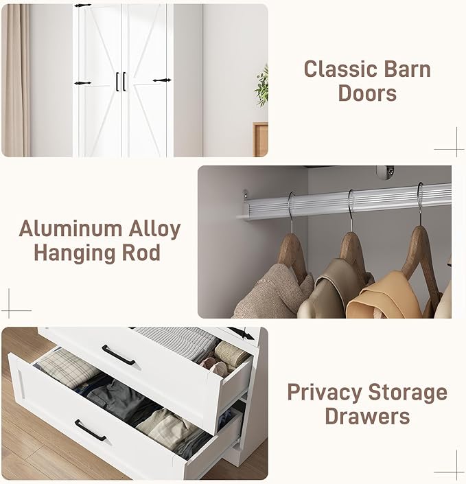2 Doors Wardrobe Armoire Closet with Doors and Drawers, Farmhouse Wooden Armoire Storage Cabinet with Shelves & Hanging Rod for Bedroom, White