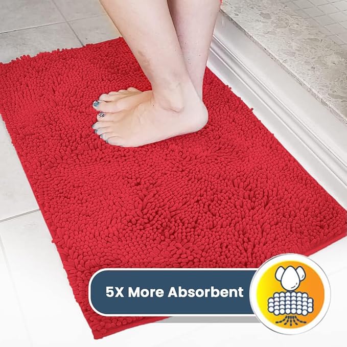 Muddy Mat® AS-SEEN-ON-TV Highly Absorbent Microfiber Door Mat and Pet Rug, Non Slip Thick Washable Area and Bath Mat Soft Chenille for Kitchen Bathroom Bedroom Indoor and Outdoor - Red 5ft x 7ft