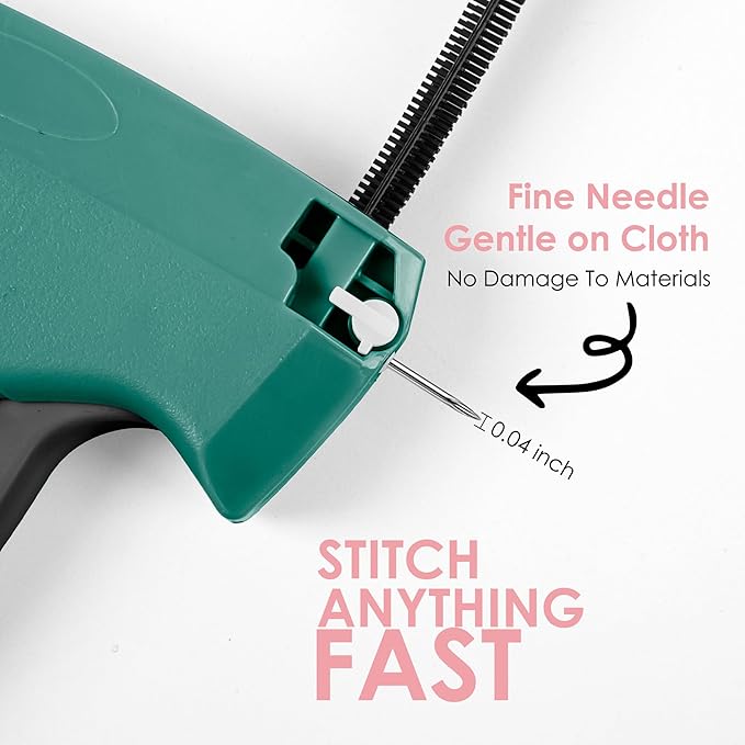 Stitch Gun for Clothes - Handheld Stitch Tag Gun Quick Clothing Fixer - Mini Sewing Kit Micro Tagging Gun - Includes 6 Needle, 1000 Black Fasteners & 1000 White Fasteners (Green-Black)