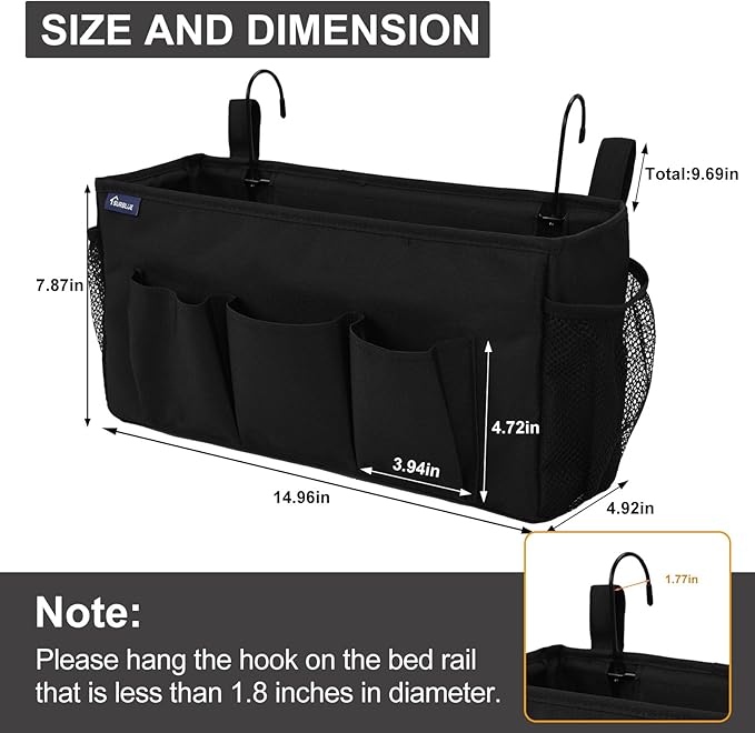 Surblue Bedside Organizer with Hook Bedside Caddy Hanging Storage Bag with Adjustable Strap and Water Bottle Holder for Home College Dorm Bunk Bed Accessories, Crib Bed Rail, Hospital Bed, Black, 2PCS