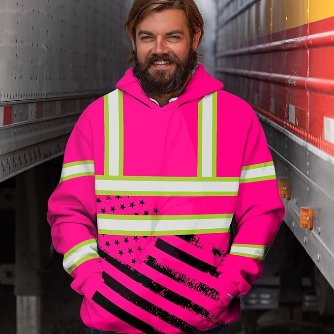 US Flag High Visibility Hoodie for Men Reflective Hoodie Safety Workwear for Worker Runner Patriotic ACC02