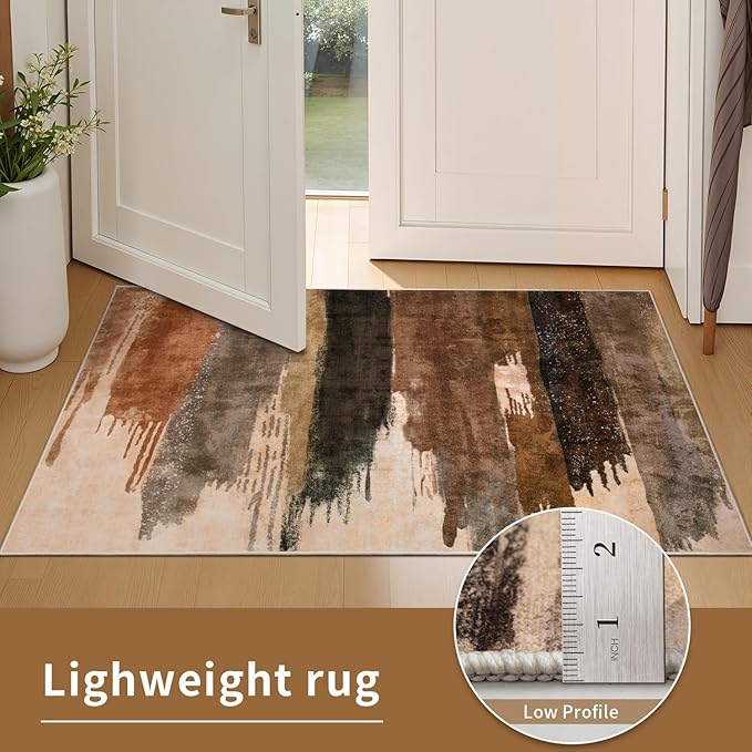 Ciicool Modern Abstract Rug for Living Room, 9'x12' Machine Washable Area Rug Non-Slip Rug, Low-Pile Contemporary Indoor Dining Floor Carpet for Bedroom Office Under Table Home Decor Brown Black