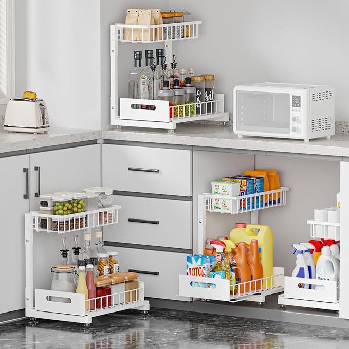 Pro Under Sink Organizer Storage: Premium Metal 2-Tier Pull-Out Wire Basket Organizer, L Shape Height Adjustable, Easy Installation | Kitchen & Bathroom Cabinet Organizers Pack 1 White