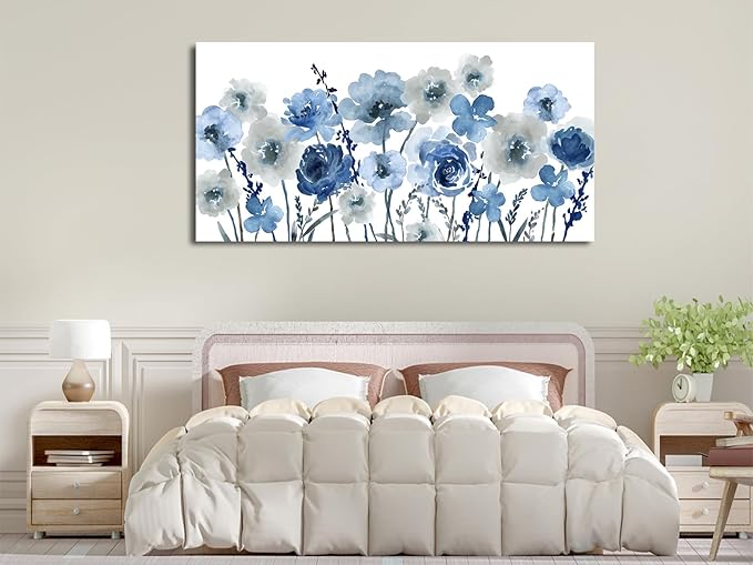 VEAEE Flowers Canvas Wall Art - Indigo Floral Canvas Pictures Living Room Wall Decor Botanical Canvas Prints Painting Abstract Artwork Bedroom Office Home Decor 29"x 58"