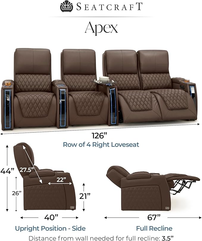 Seatcraft Apex Zero-Gravity CoolZero Italian Leather Home Theater Seating, Powered Headrest, Powered Lumbar, Powered Recline, Row of 4 Right Loveseat, Brown