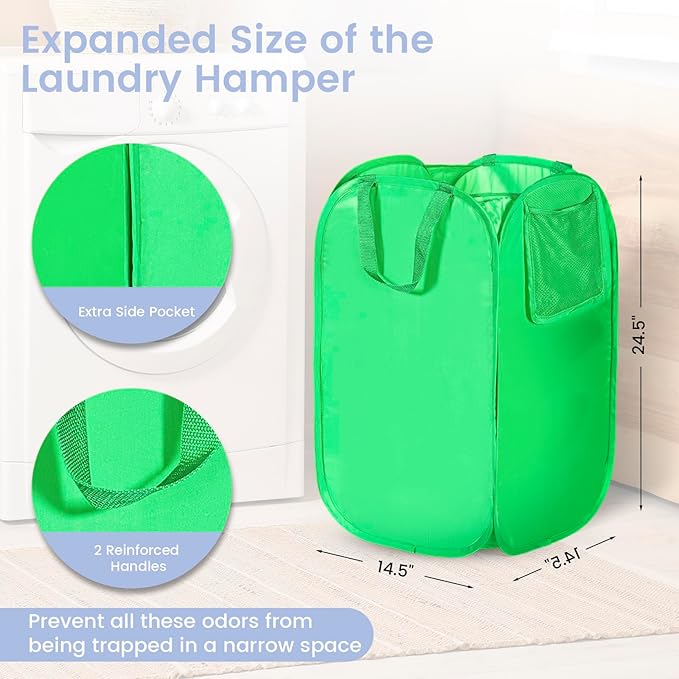 HOUSE AGAIN Upgraded Pop-up Laundry Hamper, Collapsible Laundry Basket with Durable Handles Solid Bottom High Steel Frame, Portable Foldable Dirty Clothes for Dorm, Laundry room Travel, Green