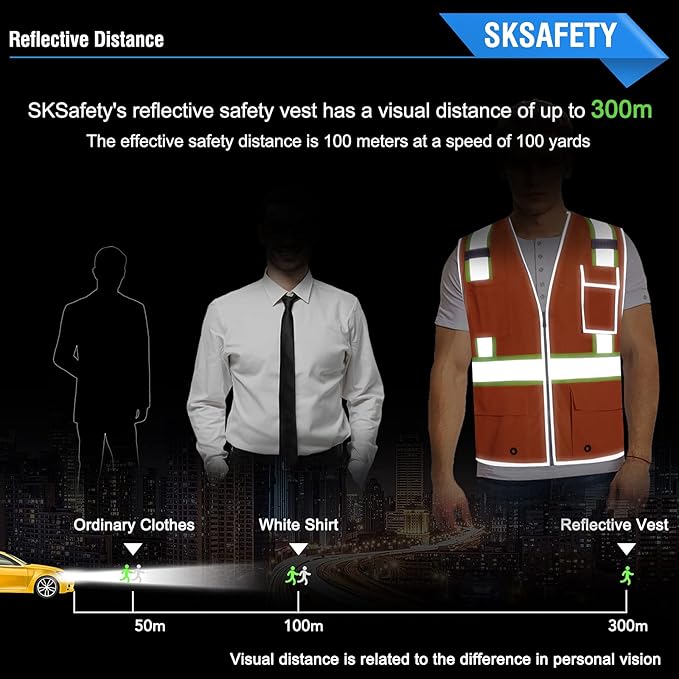 SKSAFETY 10 Pockets Safety Vest, Class 2 High Visibility Security with Zipper Double-sided mesh, Hi Vis Vest with Reflective Strips, ANSI/ISEA Standard, Construction Work Vest （Orange, 3XL）