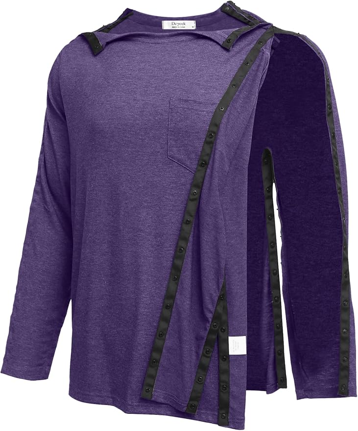 Deyeek Men's Post Shoulder Surgery Recovery Shirts Full Tear Away Long Sleeve Snap Chemo Port Access Shirt