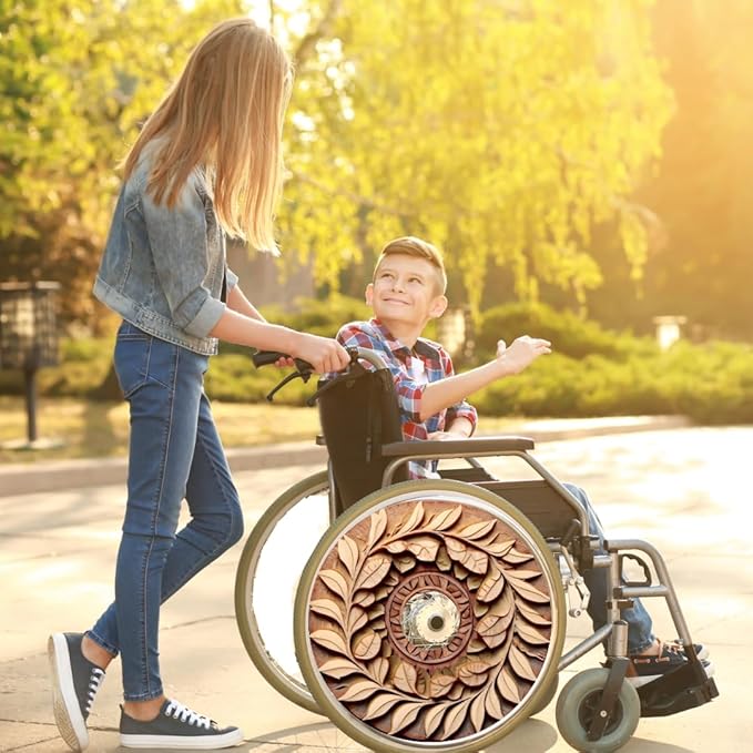 Designer Cover for Wheelchair Wheels, Enhances Aesthetics, Easy Install/Remove, Lightweight, New Matt Finish (Wooden Flower)