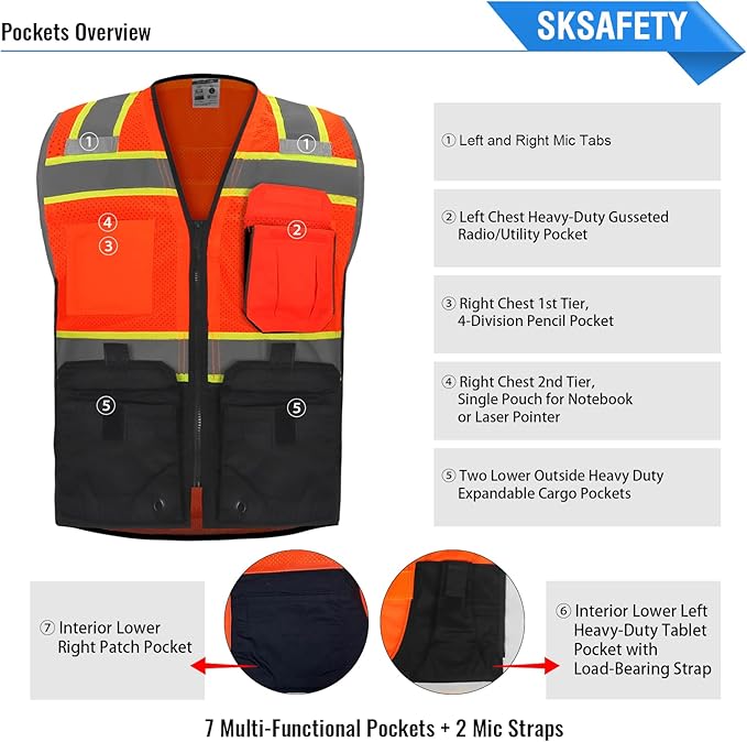 SKSAFETY Professional Safety Vest, Class 2 Hi Vis Vest with Reflective Strips, ANSI/ISEA Standard (Orange Black, M)