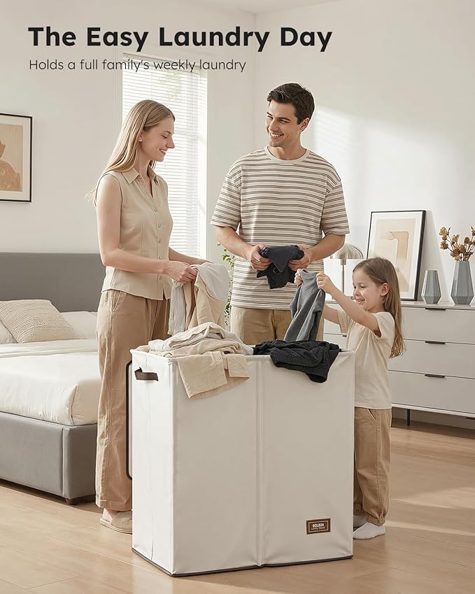 SOLEDI Large Double Laundry Hamper with Lid, Collapsible Clothes Hamper 2 section with Removable Bags, Space-Saving Laundry Basket for Bedroom, Dorm, College