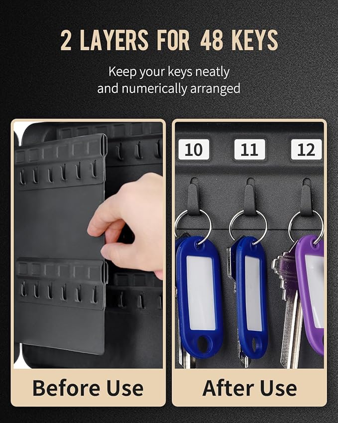 Uniclife 48-Key Steel Key Cabinet with 2 Unlocking Keys Wall Mounted Key Organizer Black Frosted Security Box with Hooks and Key Tag Labels Identifiers in 9 Assorted Colors