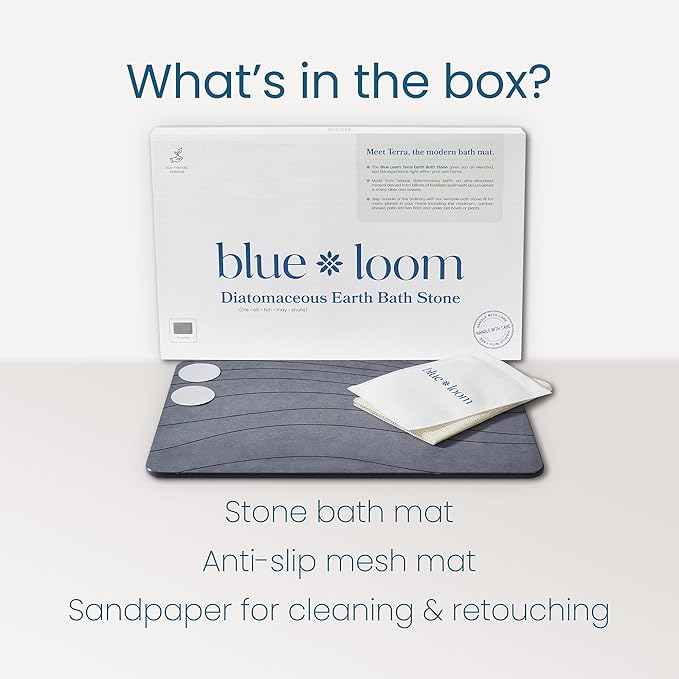 Blue Loom Stone Bath Mat, Premium Non-Slip Diatomaceous Earth Bathmat, Absorbent and Quick Drying to Elevate Your Bathroom, Dry Floor or Kitchen, Easy to Clean Spa Experience 15.3" x 23.6" - Grey