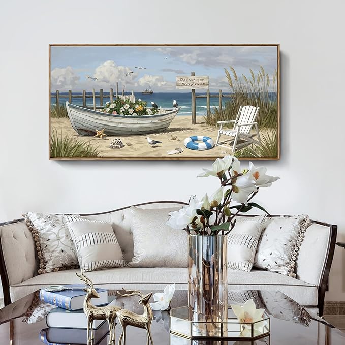 amatop Large Framed Coastal Wall Art – Gallery Wrapped Ocean & Nautical Canvas Print, Ready to Hang Beach House Decor with Flower Boat & Seagulls for Living Room, Bedroom & Office (48x24 Inches)