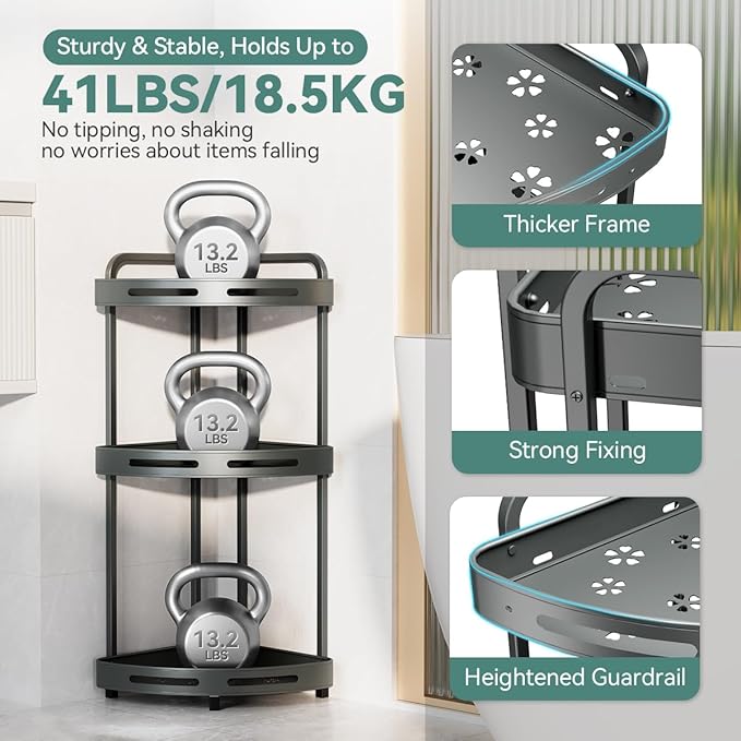 Corner Shower Caddy Standing, 3 Tier Shower Organizer Stand with Soap Holder, Rustproof Shower Shelves for Bathroom Storage, Grey