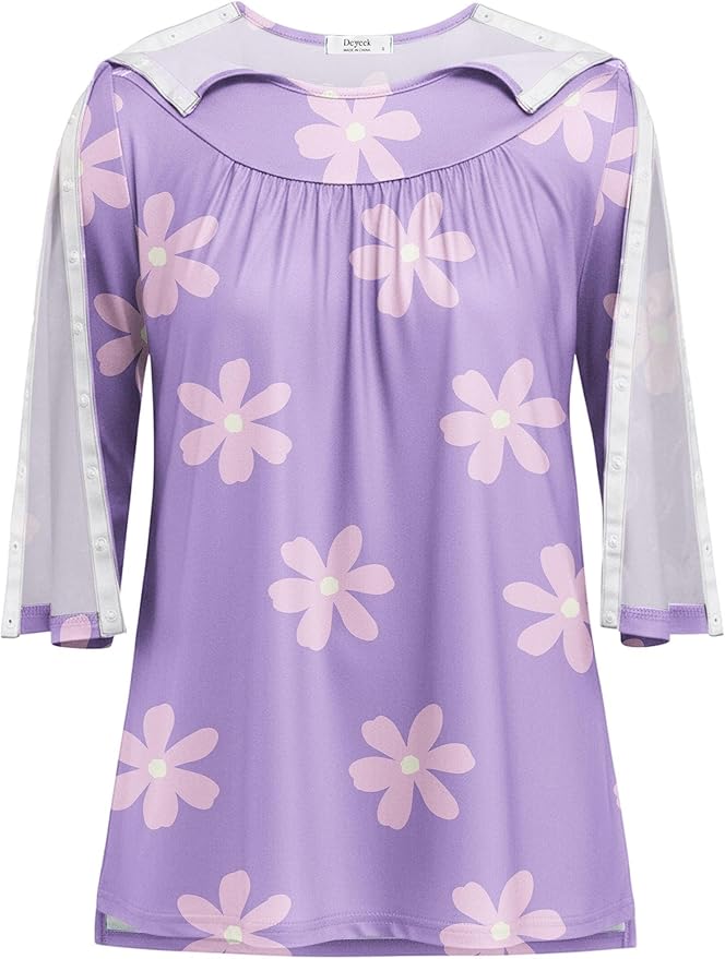 Deyeek Post Shoulder Surgery Shirt for Women Chemo Tear Away Shirt Snap Button 3/4 Sleeve Recovery Adaptive Clothing