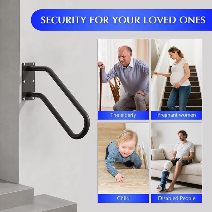 Hand Rails for Outdoor 1-2 Steps, Indoor Stairs, Bathroom, Wall Mount Non-Slip U-Shape Stair Hand Railing Black 1 Pack