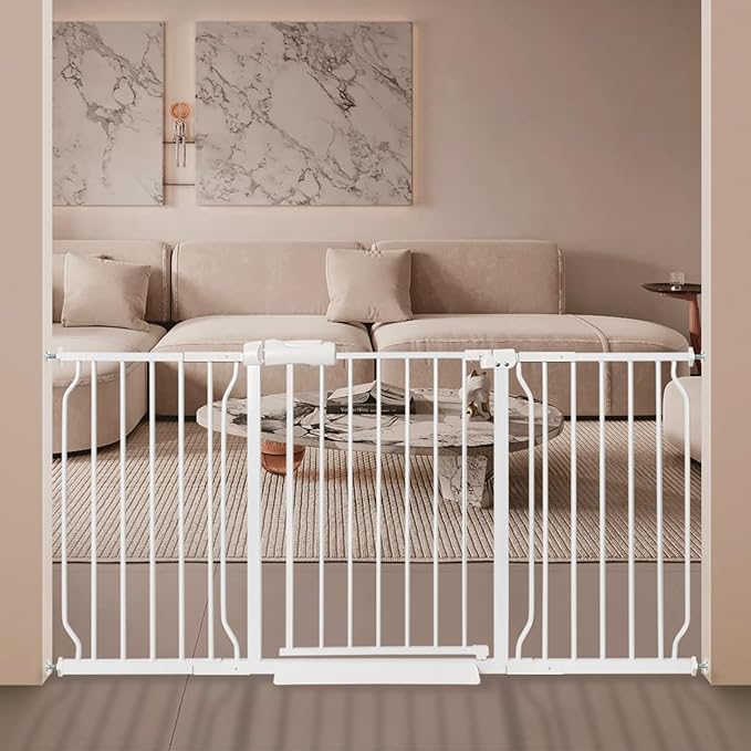Extra Wide Baby Gate with Door Pressure Mounted 57.48-62.20 Inch,Child Baby Gates for Doorways No Drilling,Walk Through Dog Gate Indoor for The House Kitchen Stairs,White