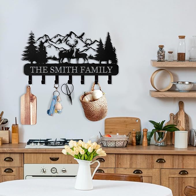 Personalized Key Holder for Wall - Custom Name Forest Deer Coat Rack Mount With Hooks, Metal Key Holder Decor, Key Hanger for Bedroom Kitchen Office