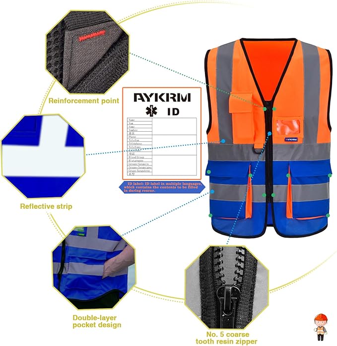 A-SAFETY Reflective Safety Vest, Hi Vis 9 Pockets High Visibility Zipper Front Safety Vest, Orange&Blue Color Mixed, L