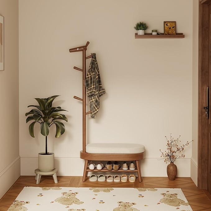 AQIMUELE Shoe Bench Entryway,Coat Rack with Shoe Storage, Coat Rack and Shoe Rack, Wooden Narrow Shoe Bench（Walnut）