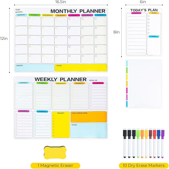 M&G Magnetic Dry Erase Calendar Set for Fridge, 4 Pack Planning Whiteboard with 10 Markers and Eraser, Monthly & Weekly & Daily Chore Chart for Refrigerator Wall Door