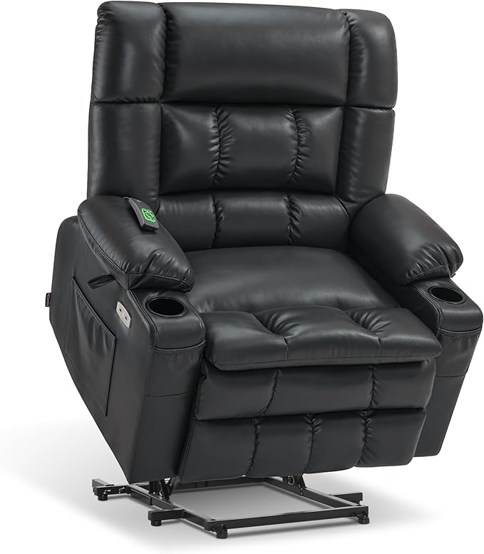 MCombo Dual Motor Power Lift Recliner Chair for Elderly, Lay Flat Lift Chair with Heat and Massage, Petite Wide Lift Chair, Cup Holders, USB A&C Ports, Faux Leather R7894 (Black, Small-Wide)