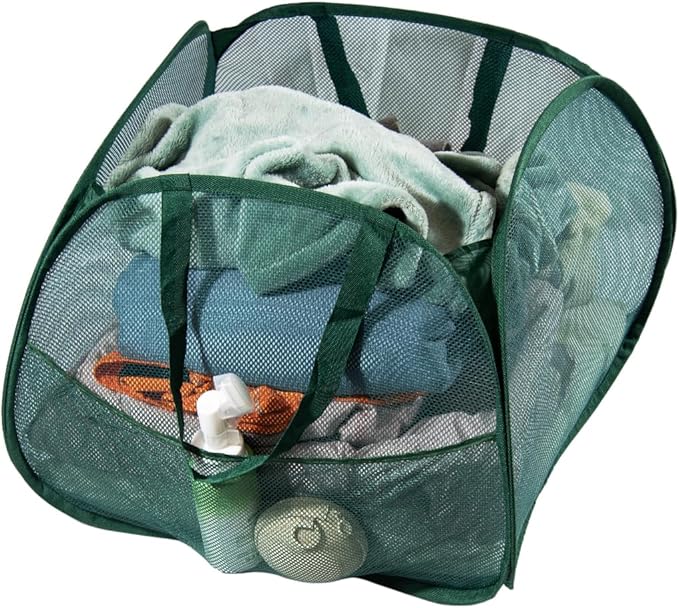 Collapsible Laundry Basket 90L, Foldable Mesh Pop-up Laundry Hamper with Handles, Dirty Clothes Hamper for Laundry with Side Storage Pocket (Green)