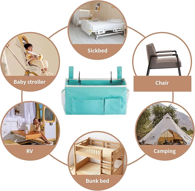 YOUDENOVA Bedside Caddy with 5 Pocket, Bedside Storage Organizer for College, Dorm Bed, Bunk Bed, Green