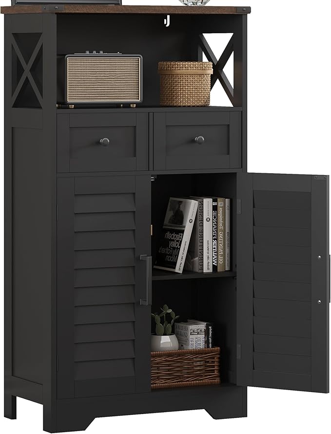 ChooChoo Farmhouse Storage Cabinet, Bathroom Floor Cabinet with Doors and Drawers, Kitchen Pantry Cabinet for Living Room, Laundry, Black