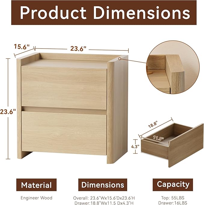 Nightstand with 2 Storage Drawer, Modern End Table for Bedroom with Cut-Out Handle, Large Night Stands for Bedroom, Home Office, Set of 2, Oak