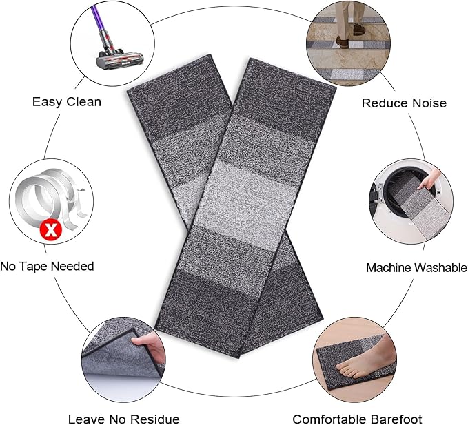 OLANLY Stair Treads Non Slip 4PCS, 8" x 30" Indoor Stair Runners for Wooden Steps, Edging Stair Rugs with Reusable Peel and Stick Adhesive for Kids Elders and Pets, Grey
