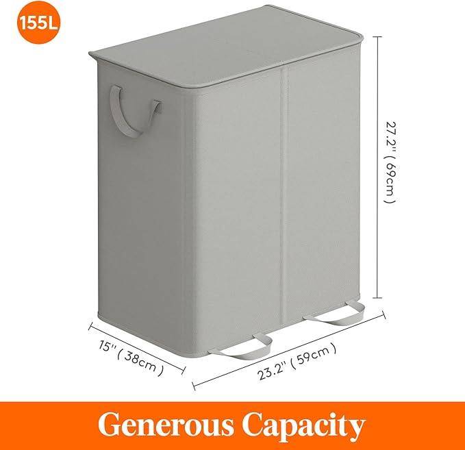 Lifewit Double Laundry Hamper with Lid and Removable Laundry Bags, Large Collapsible 2 Dividers Dirty Clothes Basket with Handles for Bedroom, Laundry Room, Closet, Bathroom, College, 155L Silver Gray