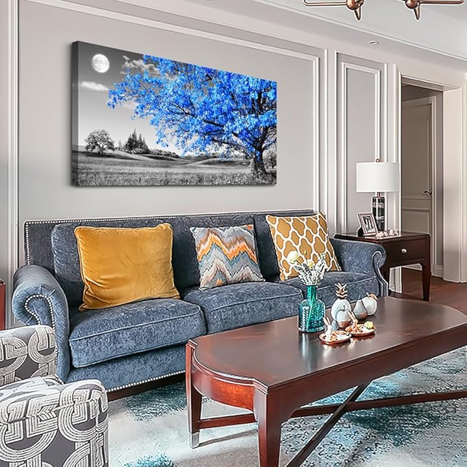 Lapremoly Canvas Prints Wall Art For Living Room Large Wall Decor For Bedroom Blue Tree Landscape Abstract Painting Office Wall Decoration Black and White Picture Modern Ready To Hang Home Wall Art